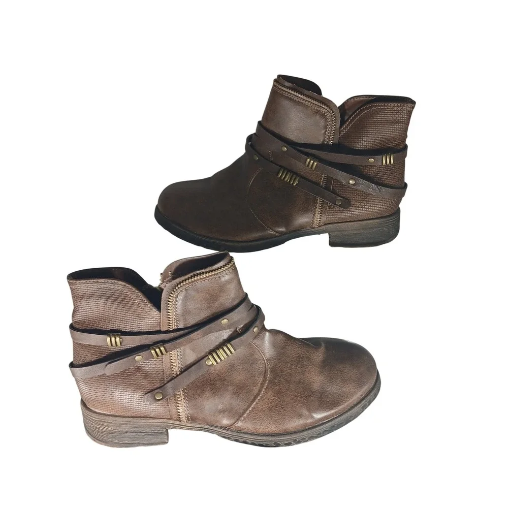 Maurice Cameron Ankle Boots 10 Brown Moto Strappy Textured Boots Boho Distressed
